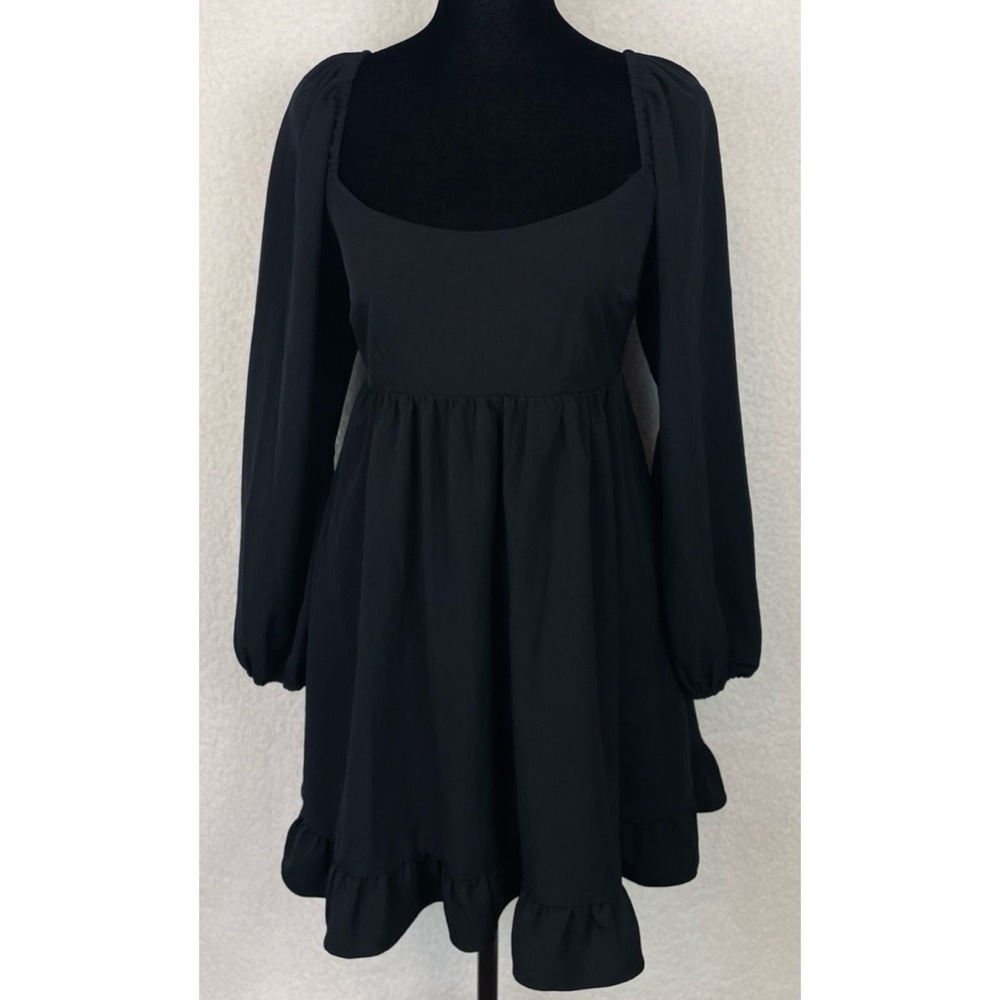 ABERCROMBIE & FITCH • Black Ruffle-Trim Long Sleeve Babydoll Mini Dress, SP - Picture 3 of 16